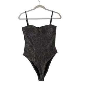 Zaful Sparkle Bodysuit Large Silver Shiny Sleeveless Sweetheart Neckline Low Cut